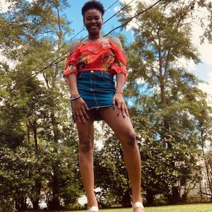 Coral floral off the shoulder flair top